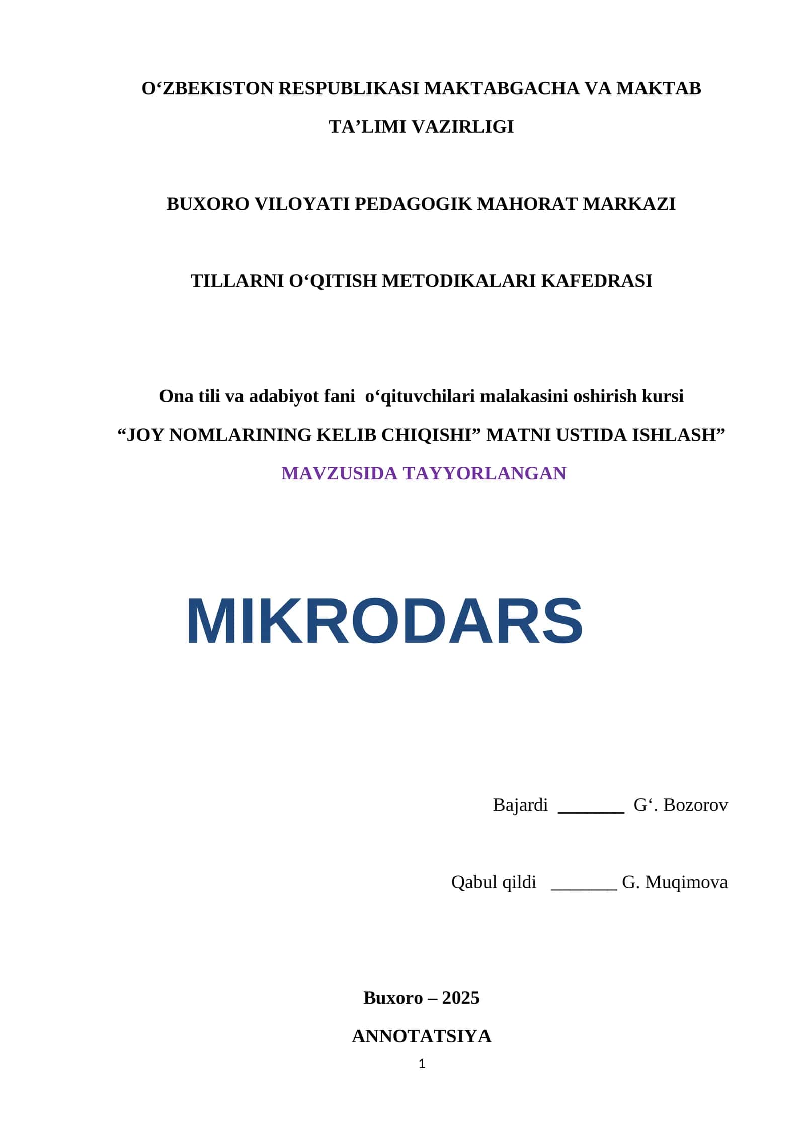 “JOY NOMLARINING KELIB CHIQISHI” MATNI USTIDA ISHLASH MIKRODARS