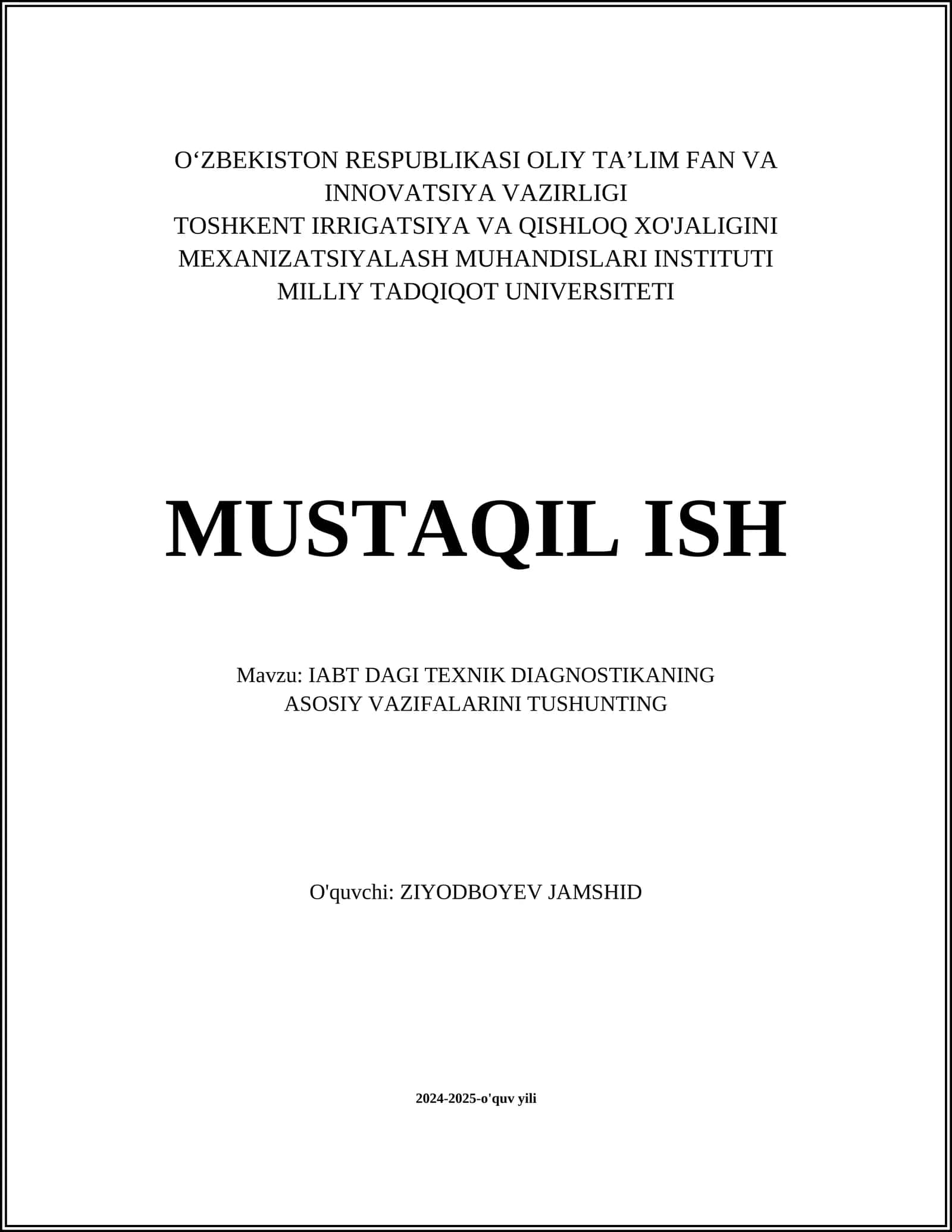 IABT DAGI TEXNIK DIAGNOSTIKANING ASOSIY VAZIFALARINI TUSHUNTING