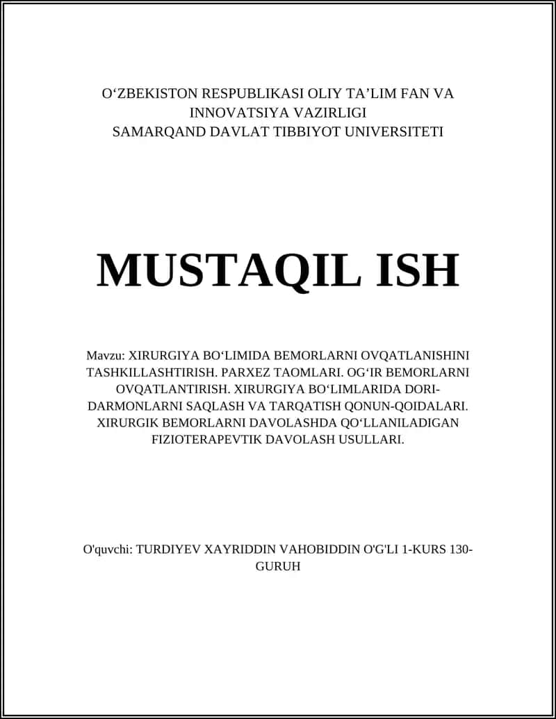 Xirurgiya bo‘limida bemorlarni ovqatlanishini tashkillashtirish