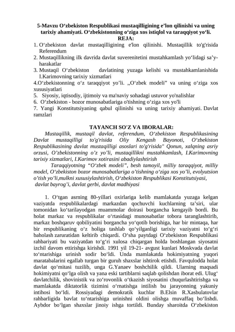 O‘zbekiston Respublikasi mustaqilligining e’lon qilinishi va uning tarixiy ahamiyati