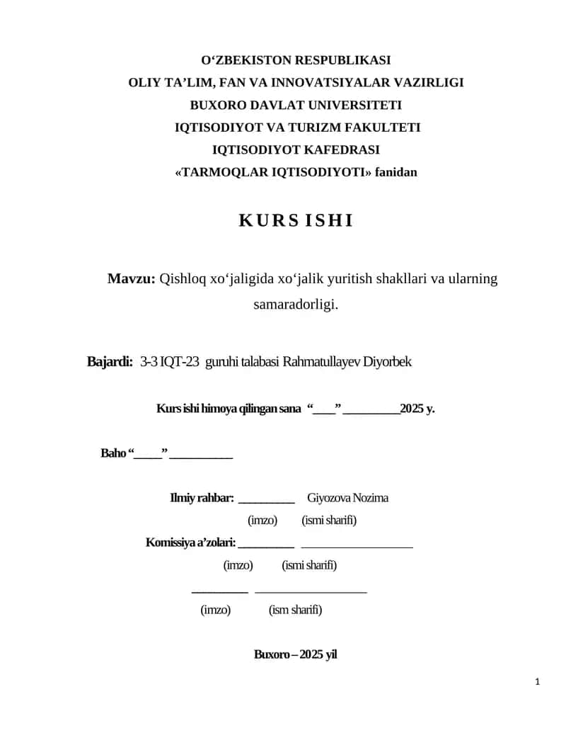 Qishloq xo‘jaligida xo‘jalik yuritish shakllari va ularning samaradorligi