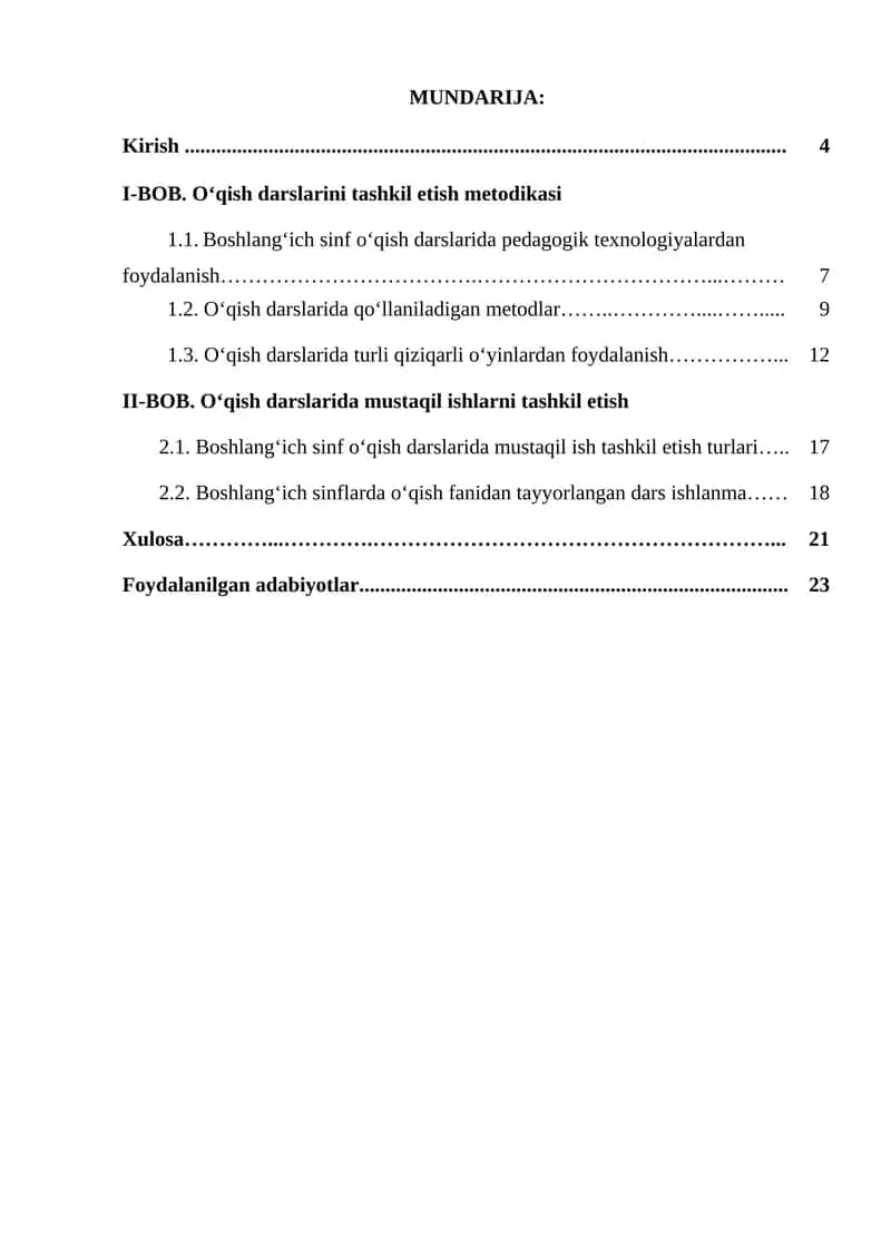 O’qish darslarida mustaqil ishlarni tashkil etish