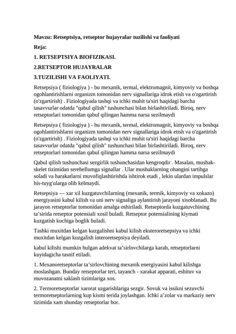 Retseptsiya, retseptor hujayralar tuzilishi va faoliyati