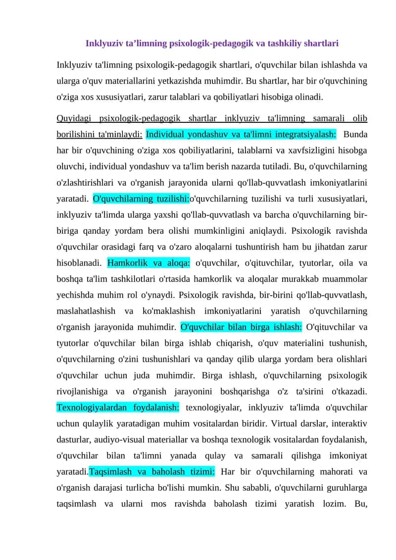 Inklyuziv ta’limning psixologik-pedagogik va tashkiliy shartlari