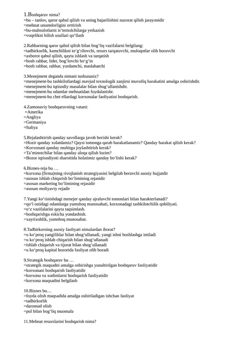 Boshqaruv va Menejment asoslari bo'yicha test savollari