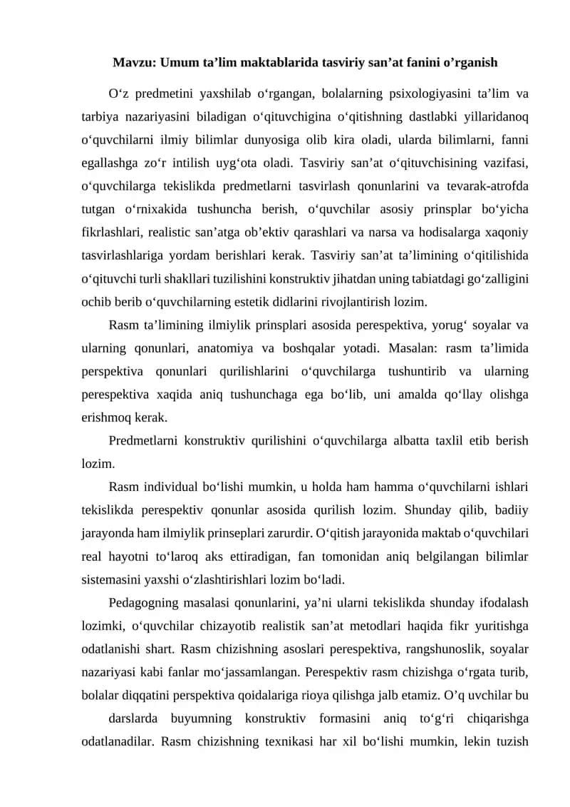 Umum ta’lim maktablarida tasviriy san’at fanini o’rganish