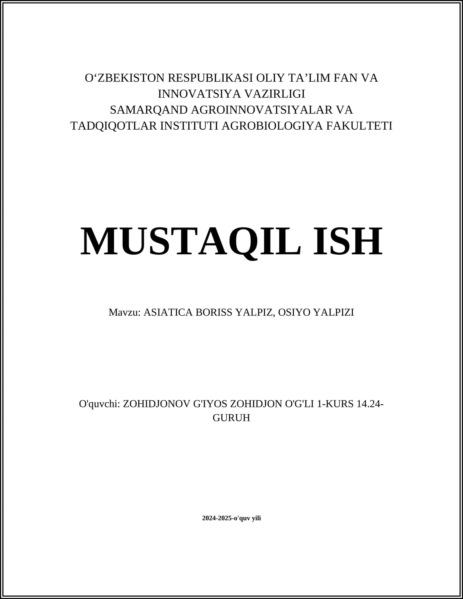 ASIATICA BORISS YALPIZ, OSIYO YALPIZI