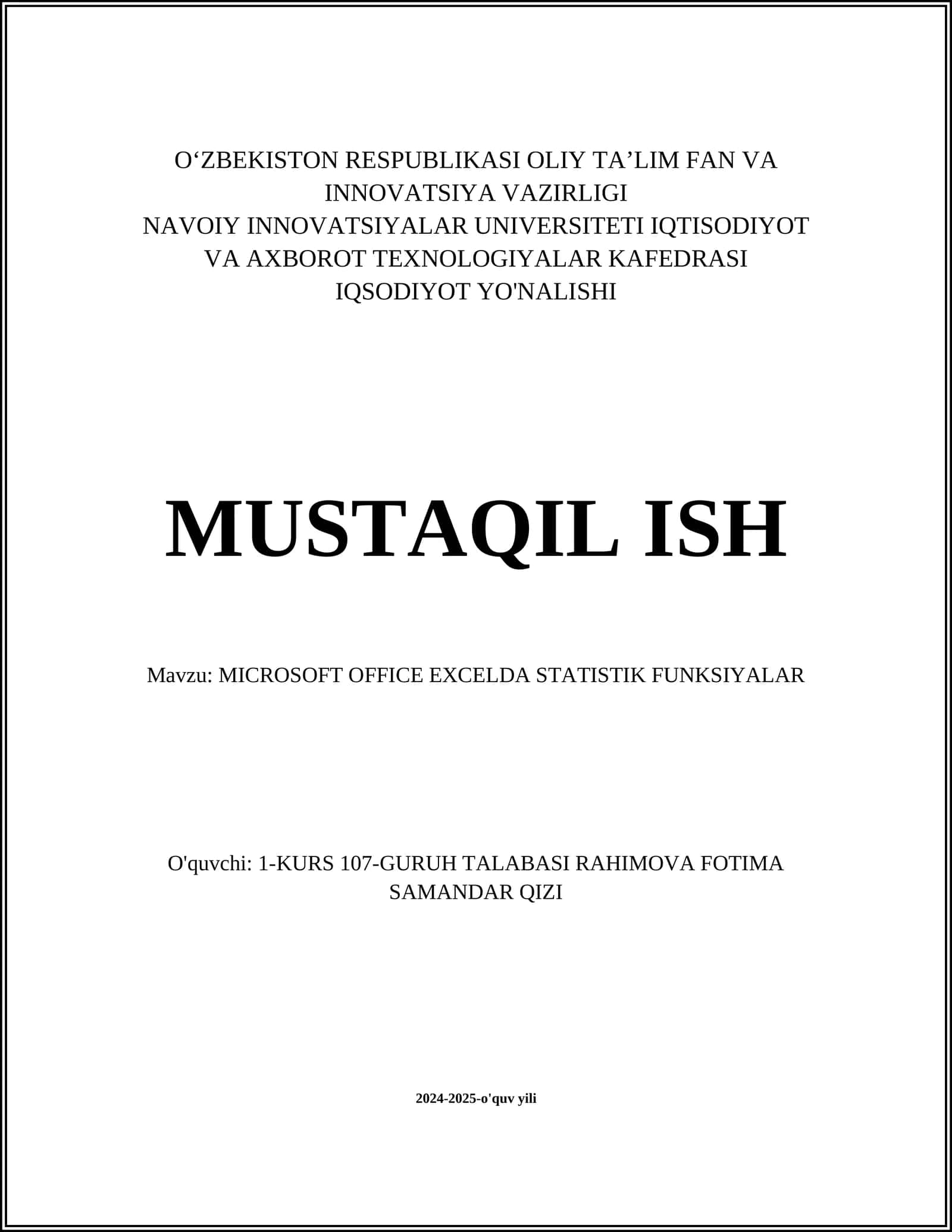 MICROSOFT OFFICE EXCELDA STATISTIK FUNKSIYALAR