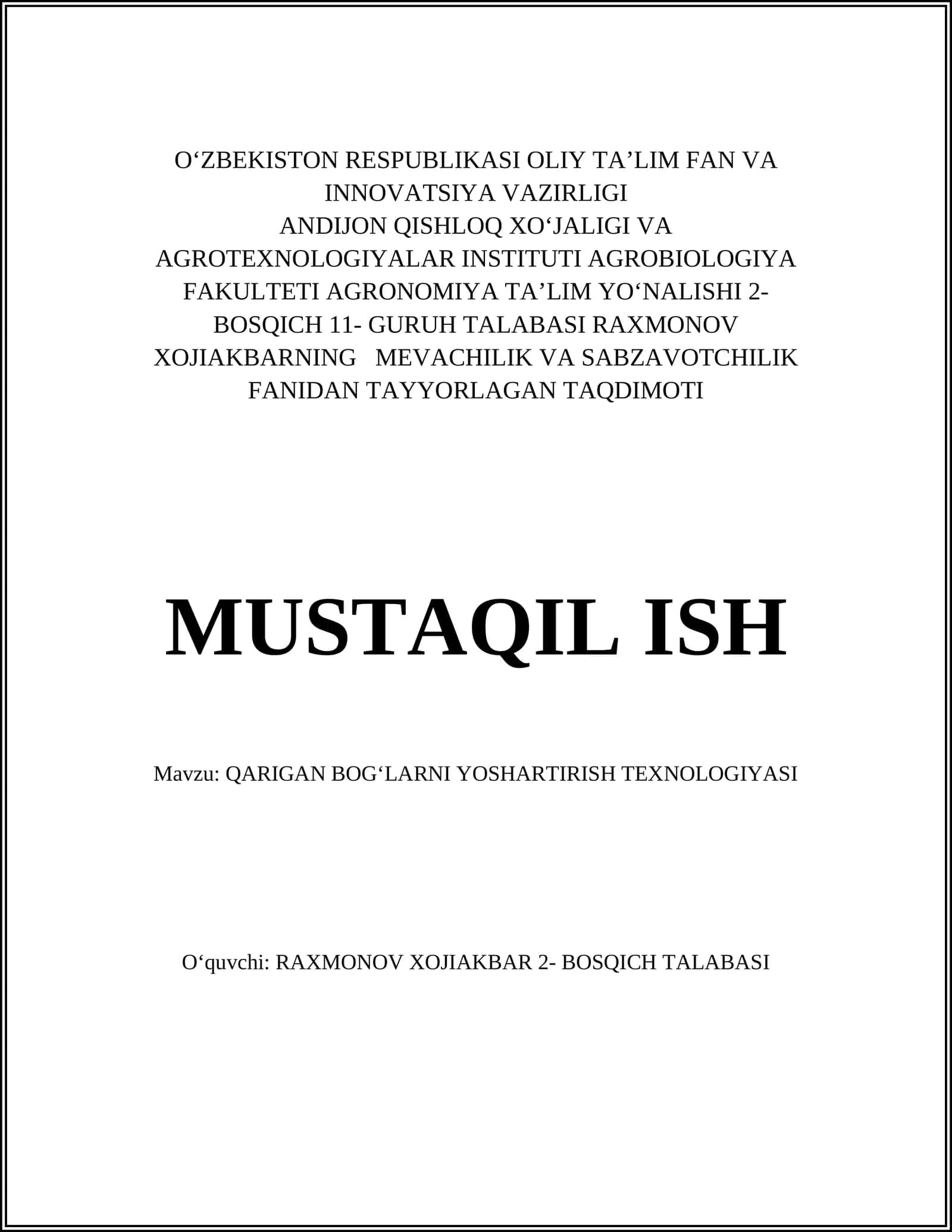 QARIGAN BOGʻLARNI YOSHARTIRISH TEXNOLOGIYASI