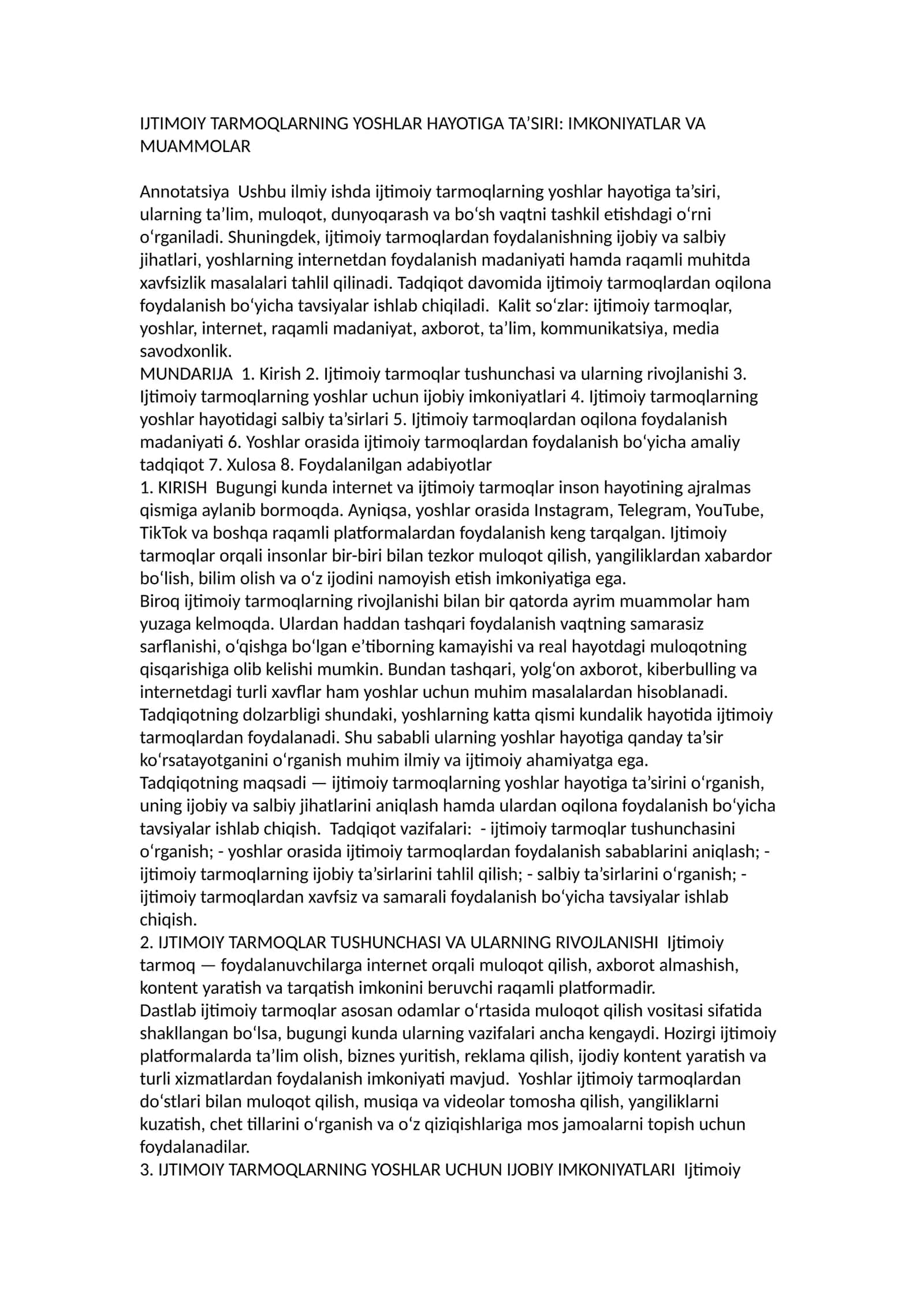 Ijtimoiy tarmoqlarning yoshlar hayotiga ta’siri: Imkoniyatlar va muammolar