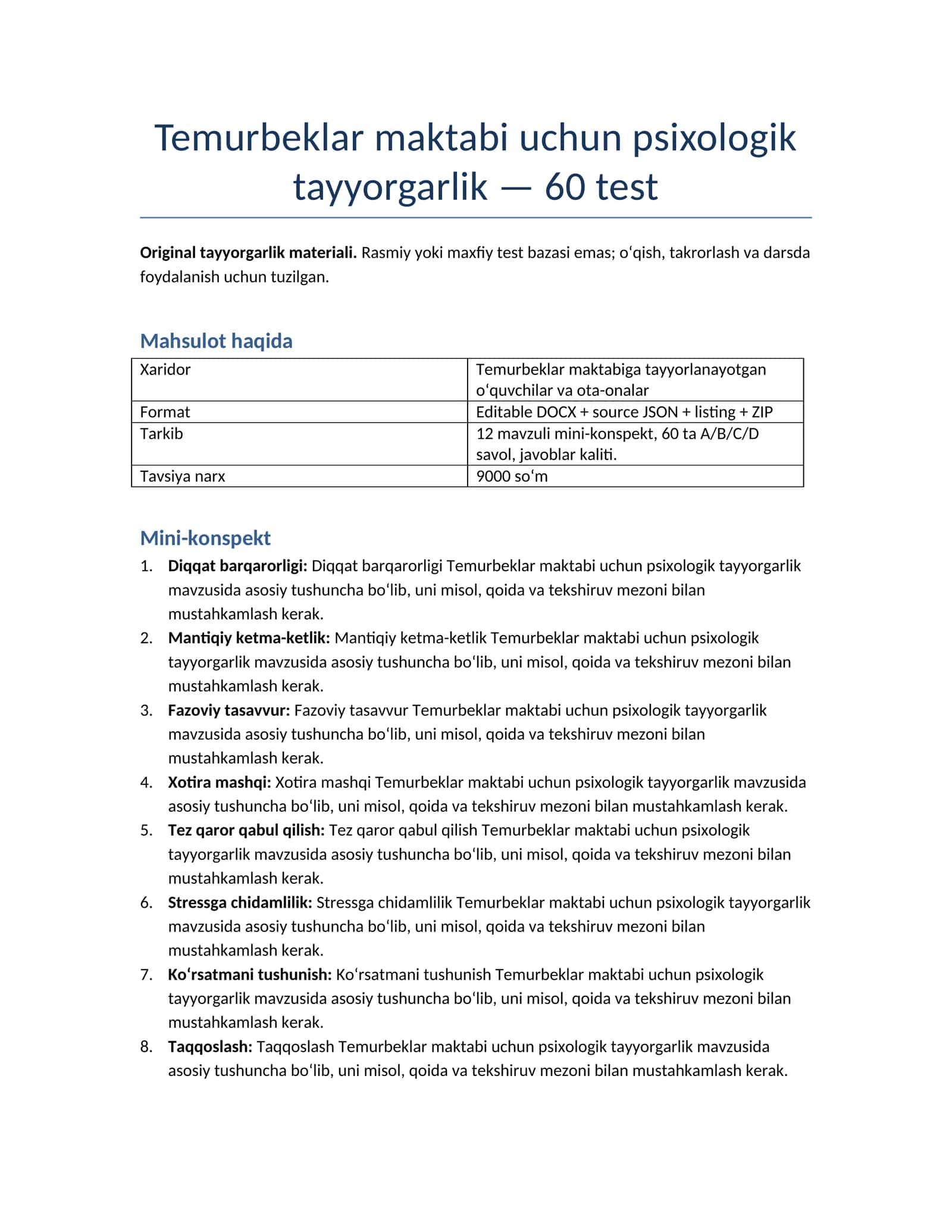 Temurbeklar maktabi uchun psixologik tayyorgarlik — 60 test