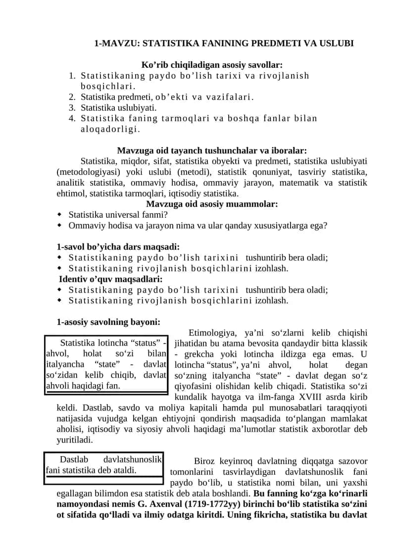 STATISTIKA FANINING PREDMETI VA USLUBI