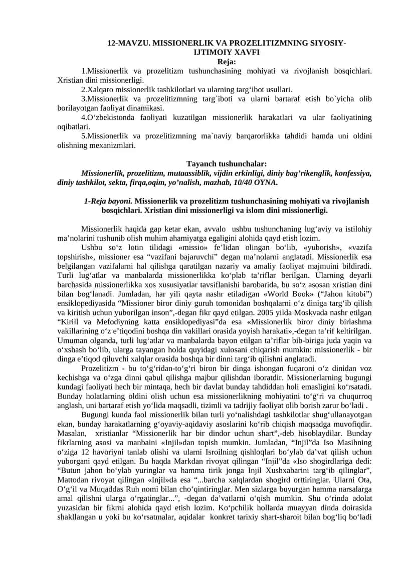 Missionerlik va Prozelitizmning Siyosiy-Ijtimoiy Xavfi