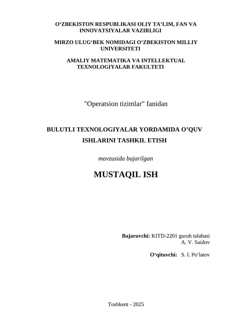 Bulutli Texnologiyalar Yordamida O’quv Ishlarini Tashkil Etish