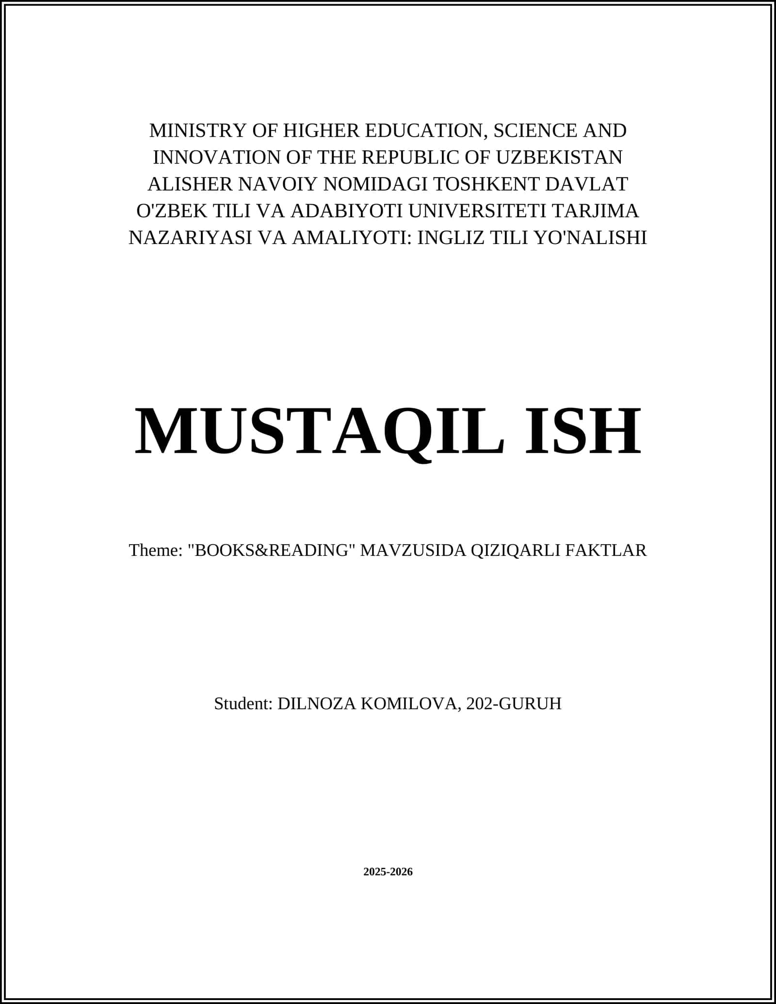 TOSHKENT DAVLAT O'ZBEK TILI VA ADABIYOTI UNIVERSITETI TARJIMA NAZARIYASI VA AMALIYOTI: INGLIZ TILI YO'NALISHI
