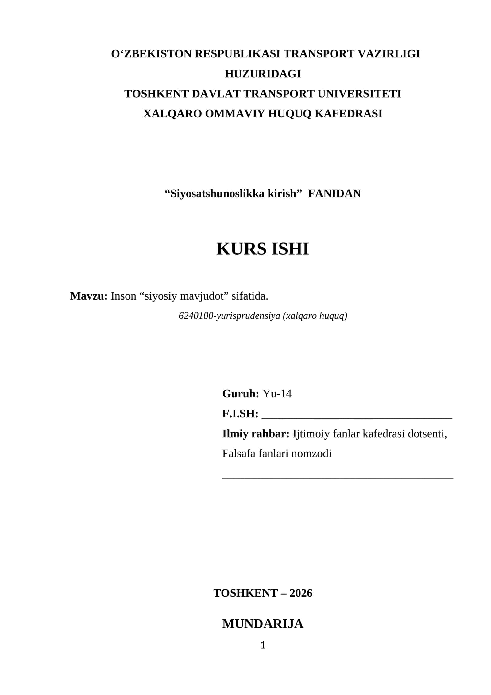 Insonning "siyosiy mavjudot" sifatida - kurs ishi