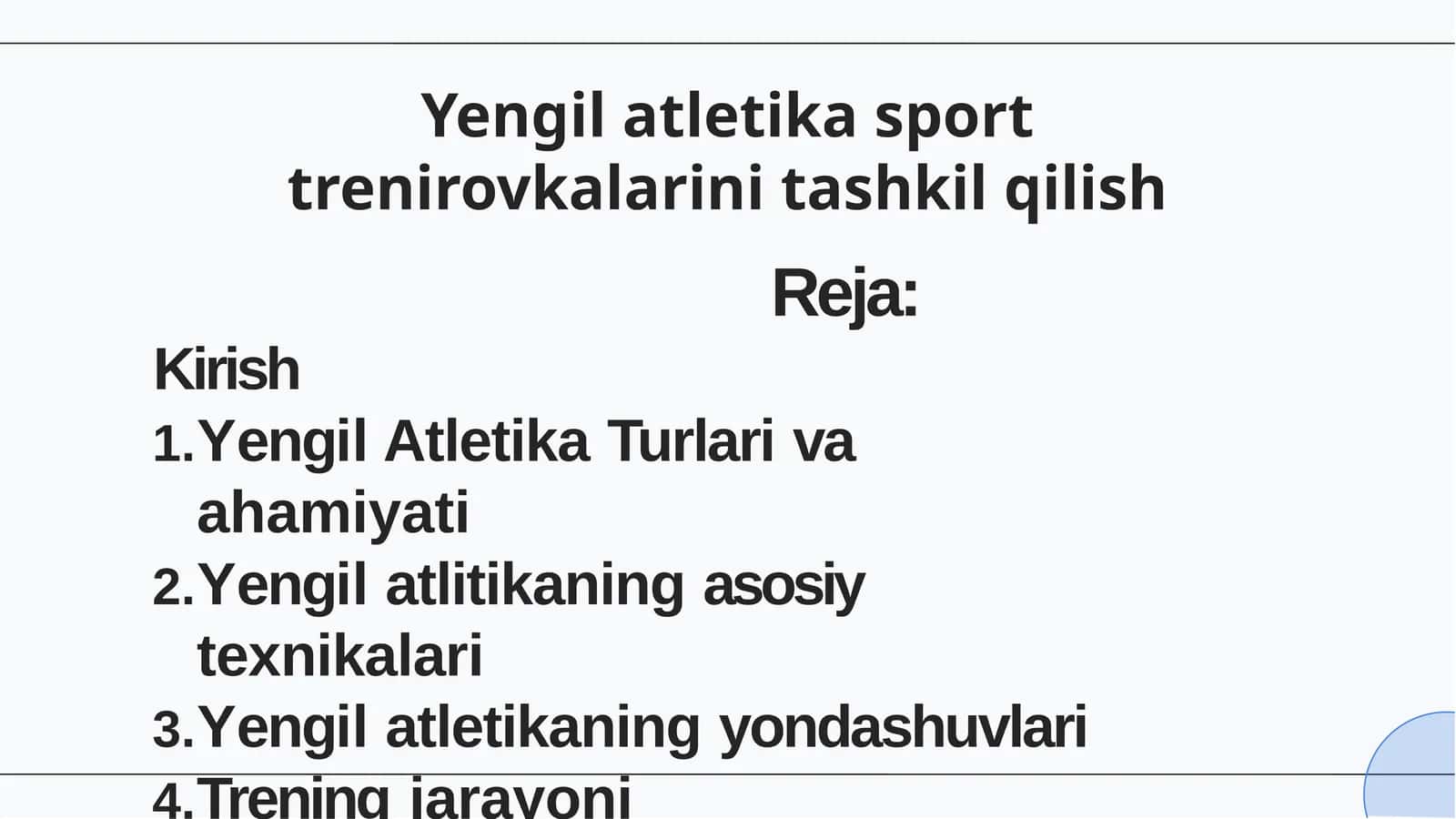 Yengil atletika sport trenirovkalarini tashkil qilish