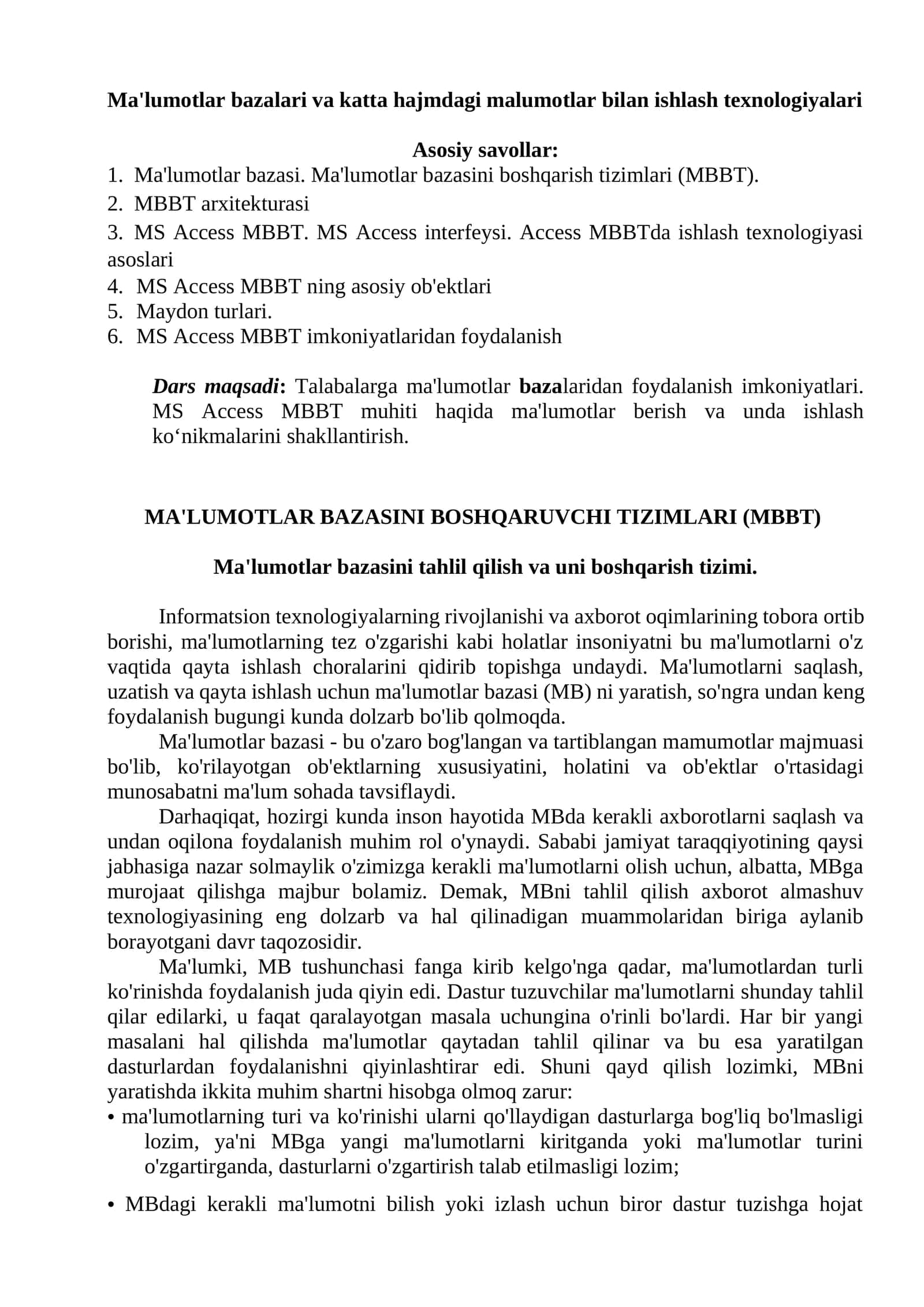 Ma'lumotlar bazalari va katta hajmdagi malumotlar bilan ishlash texnologiyalari