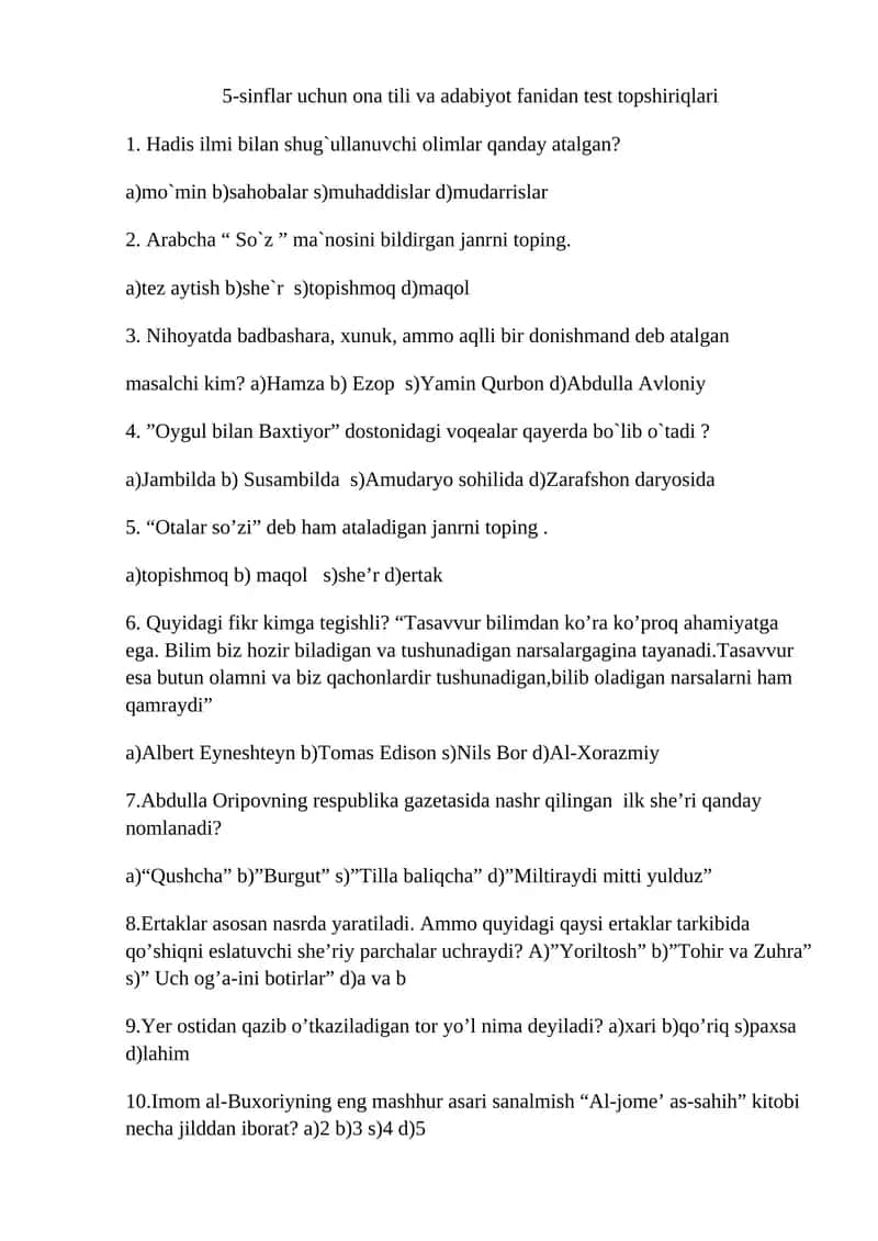 5-sinflar uchun ona tili va adabiyot fanidan test topshiriqlari