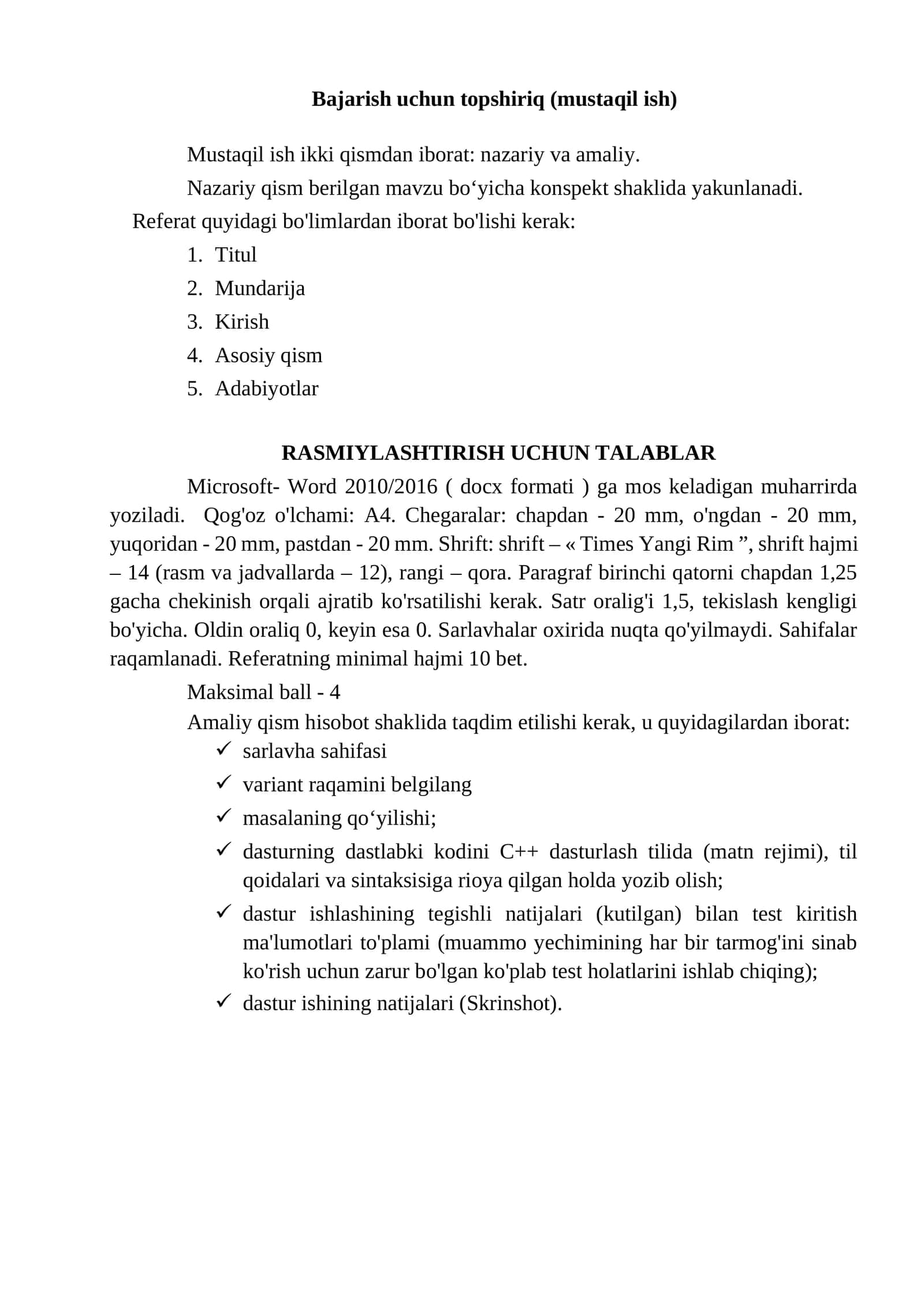 Bajarish uchun topshiriq (mustaqil ish)