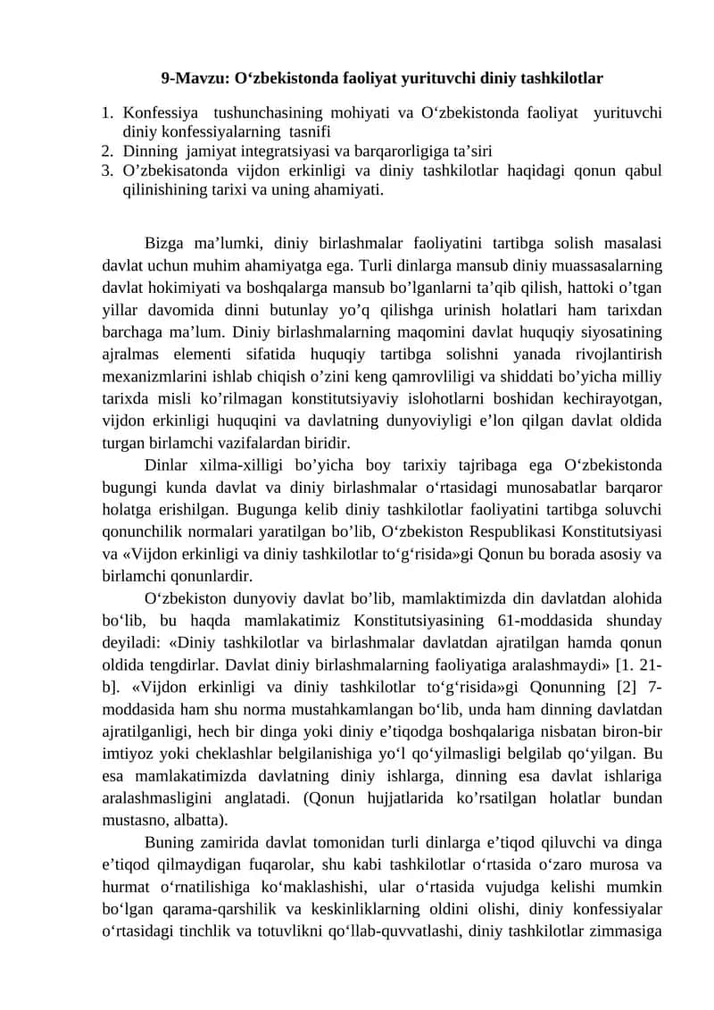 O‘zbekistonda faoliyat yurituvchi diniy tashkilotlar