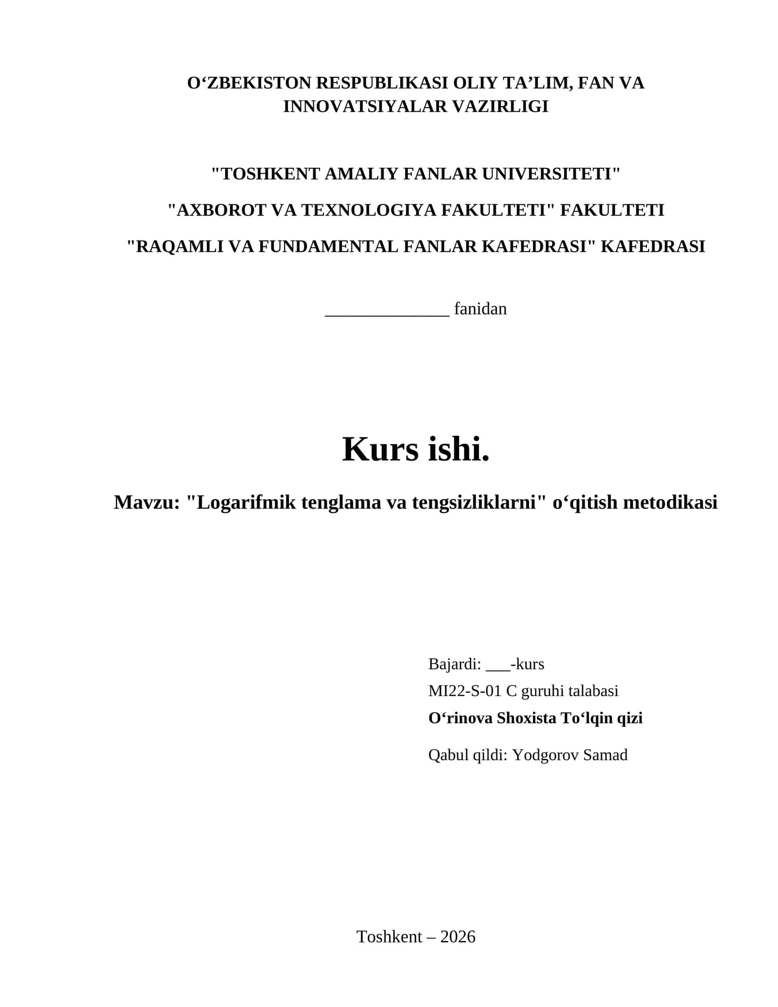 "Logarifmik tenglama va tengsizliklarni" oʻqitish metodikasi