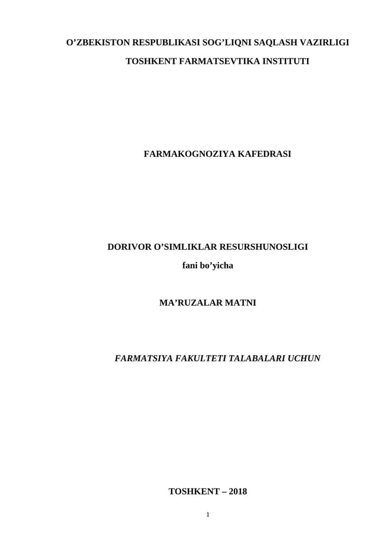 Ma'ruza Dorivor o’simliklar resurshunosligi