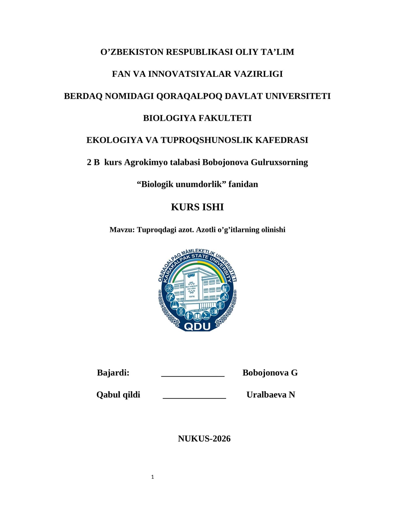 Tuproqdagi azot. Azotli o’g’itlarning olinishi