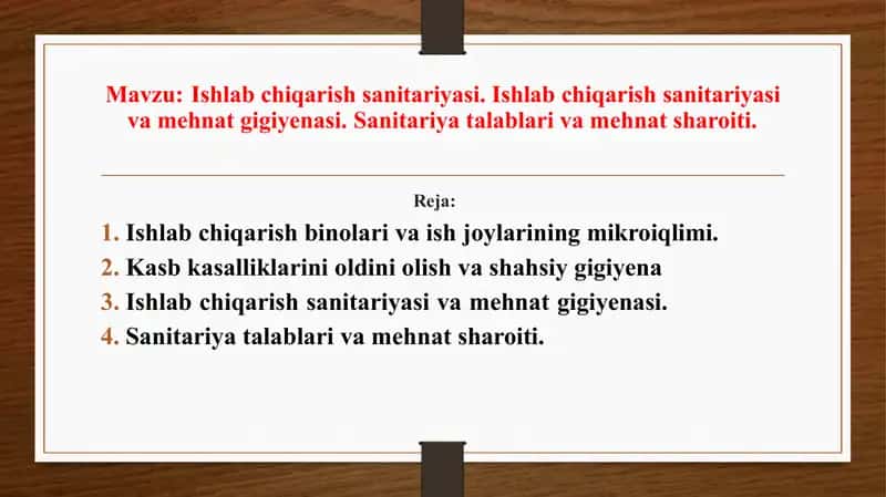 Ishlab chiqarish sanitariyasi. Ishlab chiqarish sanitariyasi va mehnat gigiyenasi. Sanitariya talablari va mehnat sharoiti.