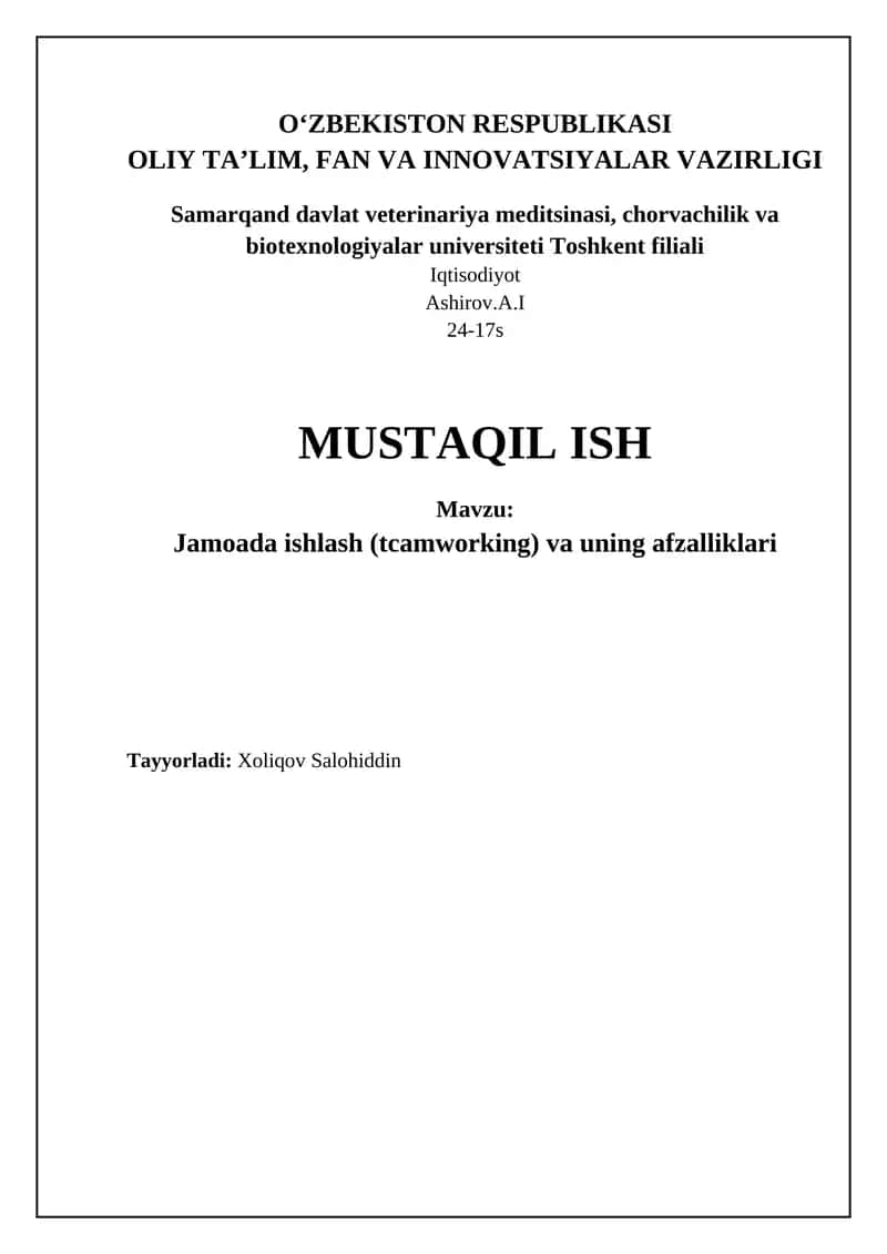 Jamoada ishlash (tcamworking) va uning afzalliklari