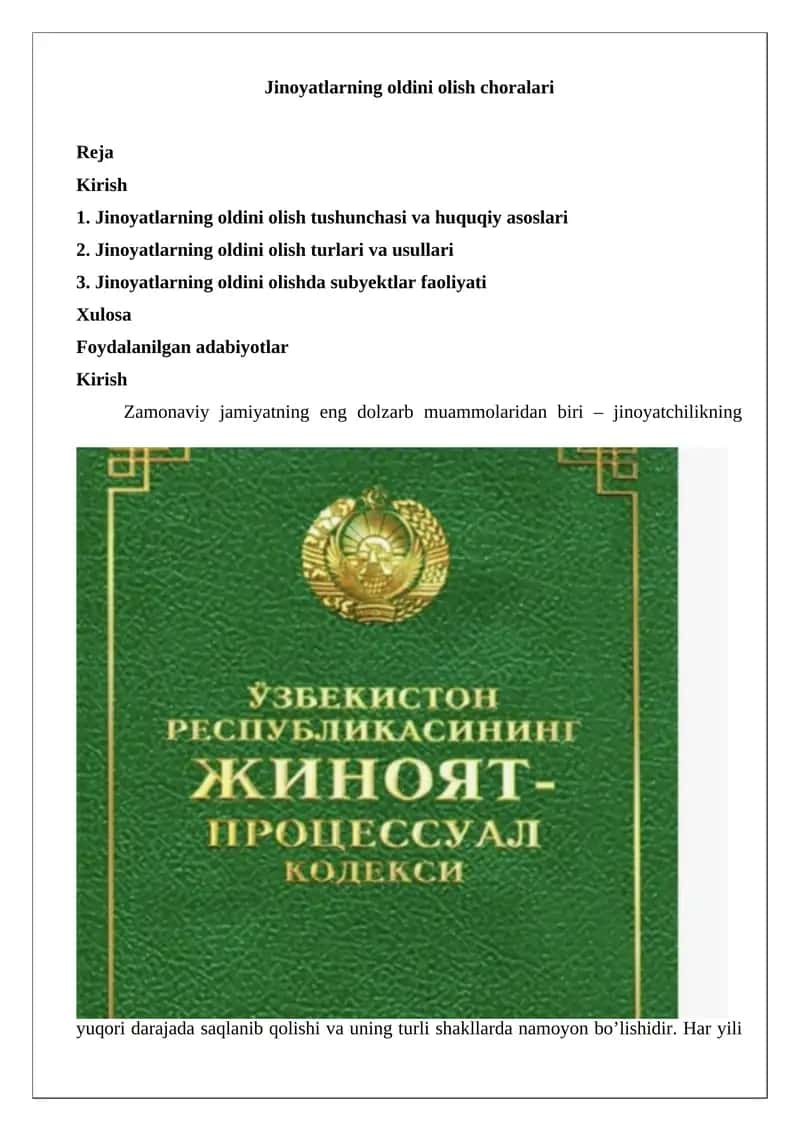Jinoyatlarning oldini olish choralari