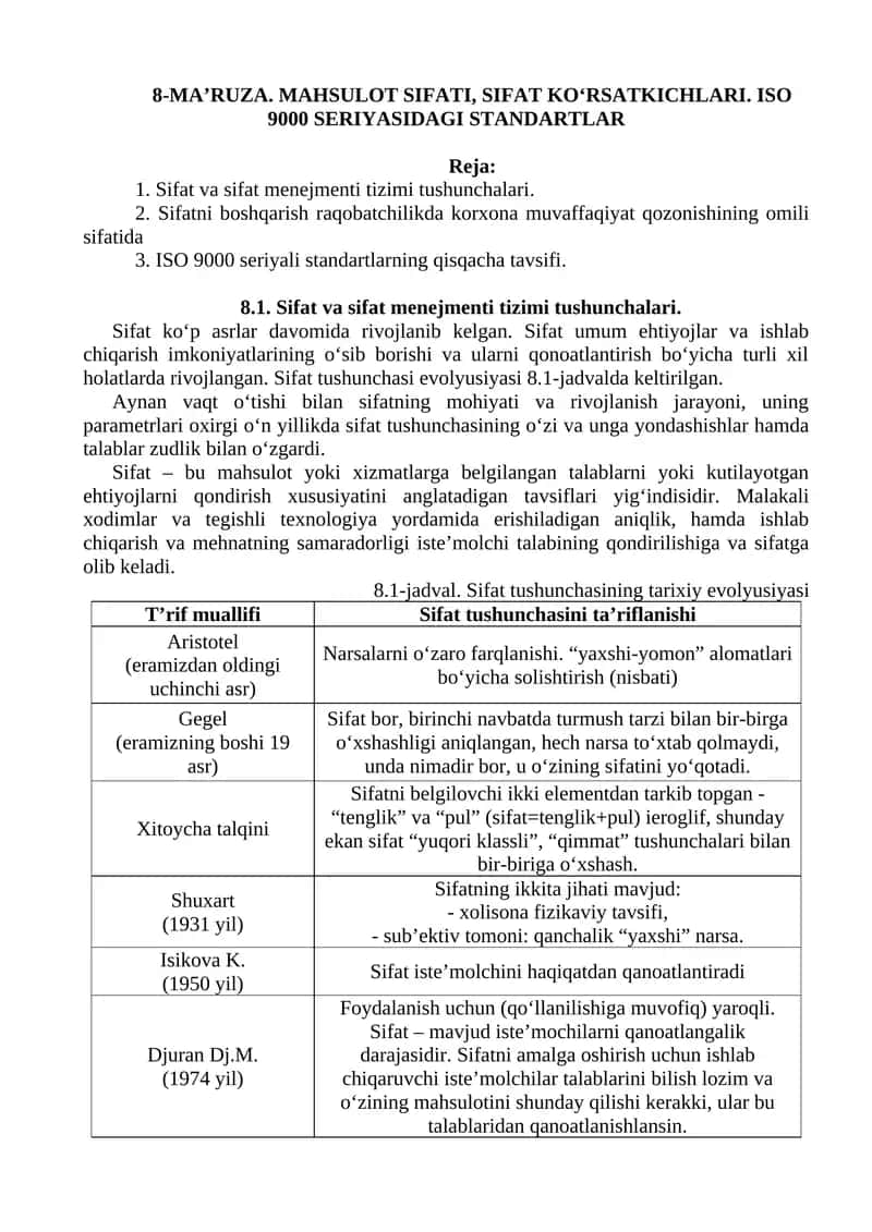 8-MA’RUZA. MAHSULOT SIFATI, SIFAT KO‘RSATKICHLARI. ISO 9000 SERIYASIDAGI STANDARTLAR