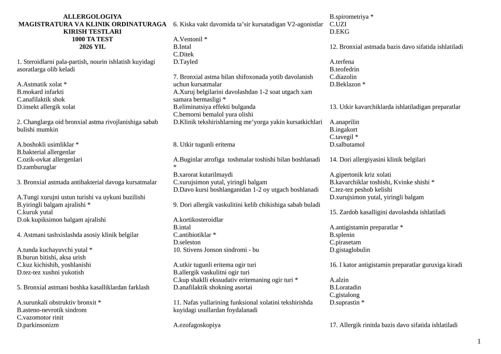 ALLERGOLOGIYA MAGISTRATURA VA KLINIK ORDINATURAGA KIRISH TESTLARI 1000 TA TEST 2026 YIL