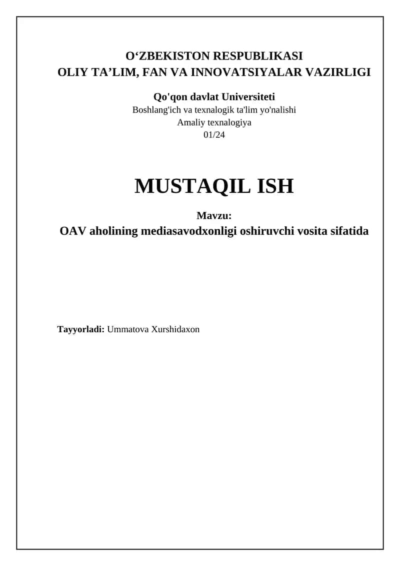 OAV aholining mediasavodxonligi oshiruvchi vosita sifatida
