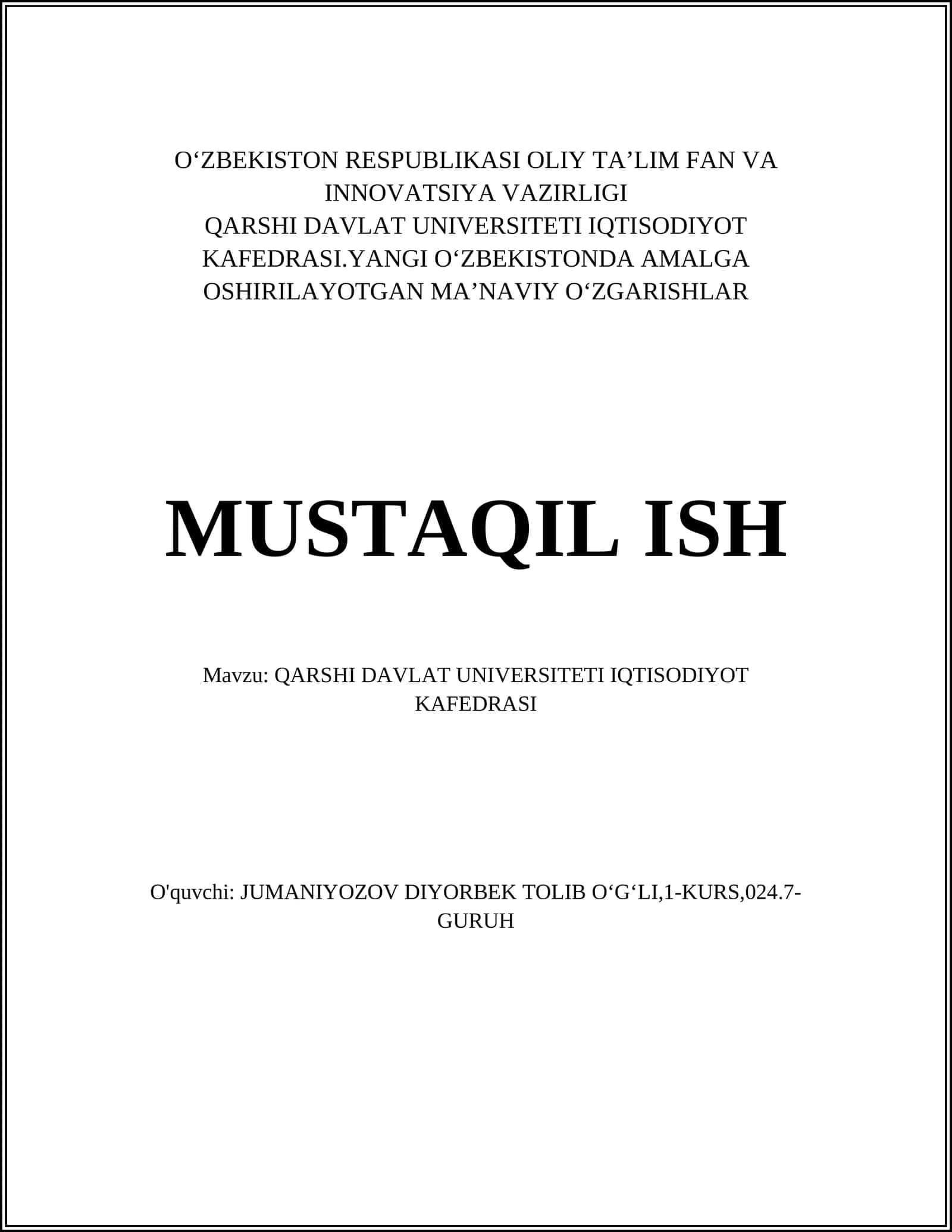 QARSHI DAVLAT UNIVERSITETI IQTISODIYOT KAFEDRASI