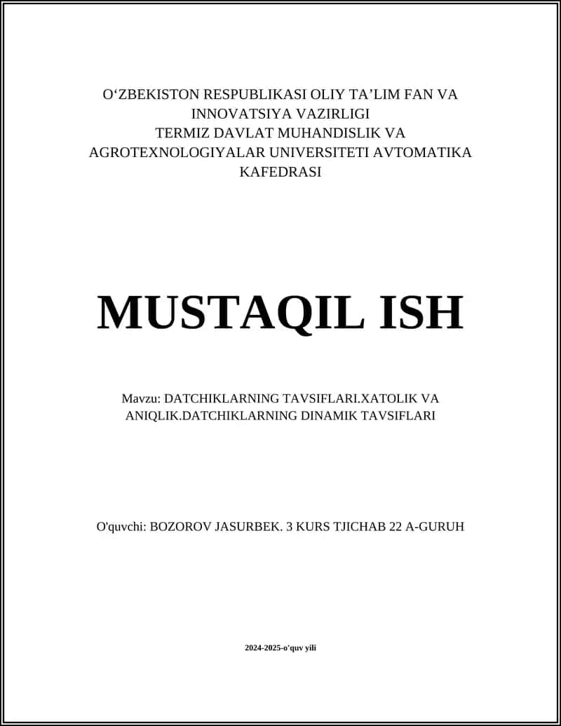 DATCHIKLARNING TAVSIFLARI