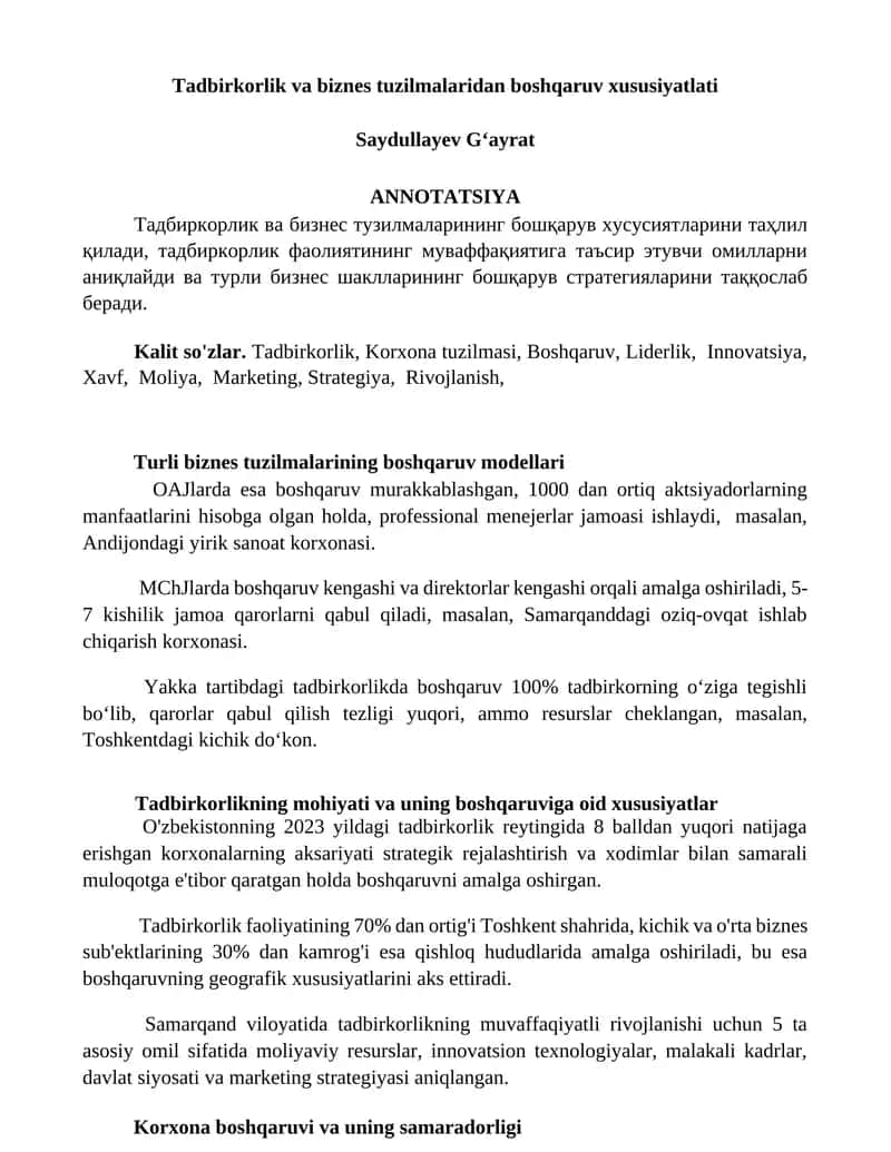 Tadbirkorlik va biznes tuzilmalaridan boshqaruv xususiyatlati