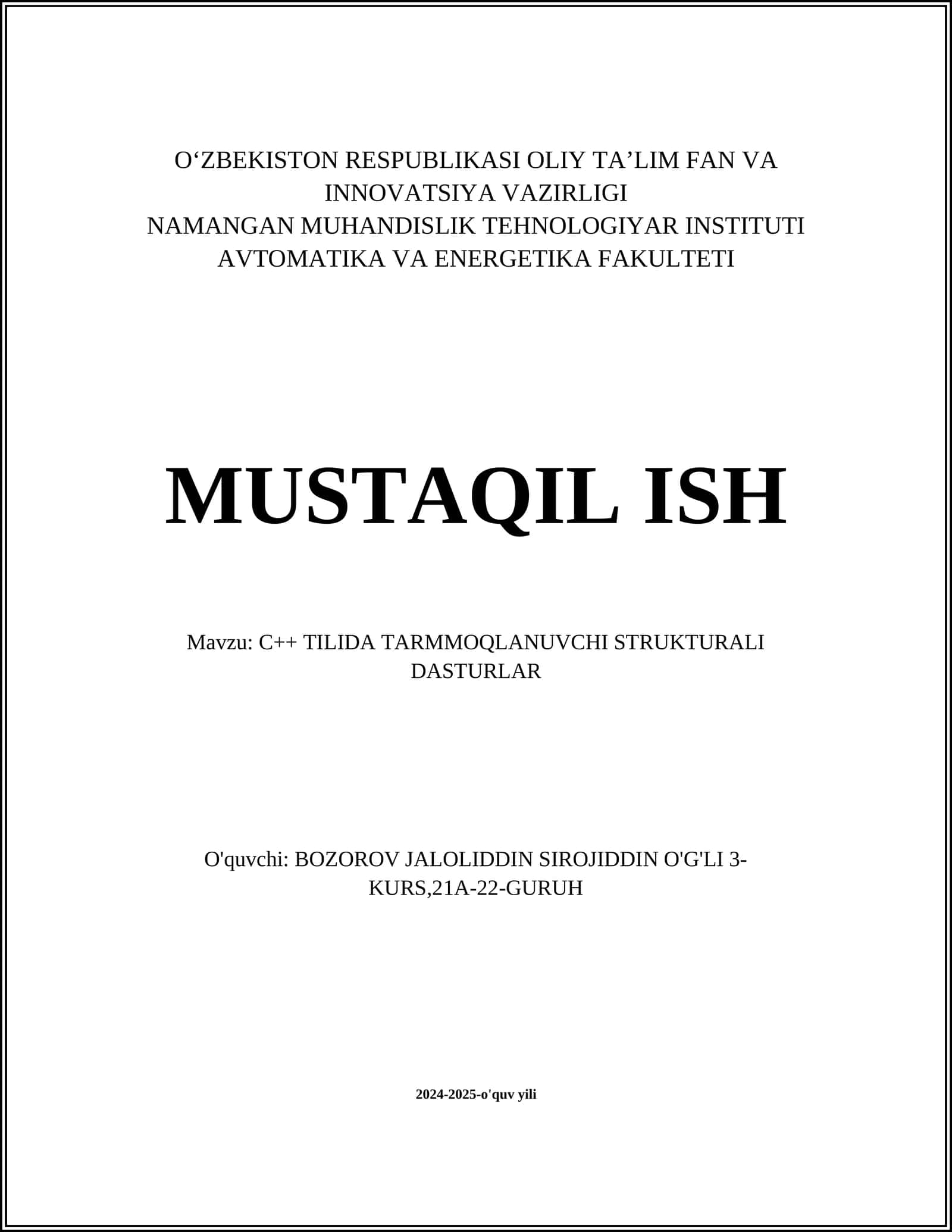 C++ TILIDA TARMMOQLANUVCHI STRUKTURALI DASTURLAR
