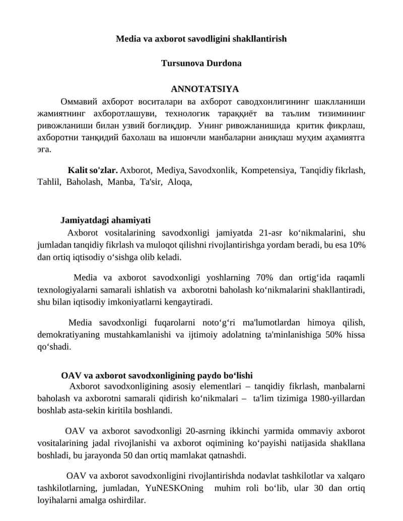 Media va axborot savodligini shakllantirish