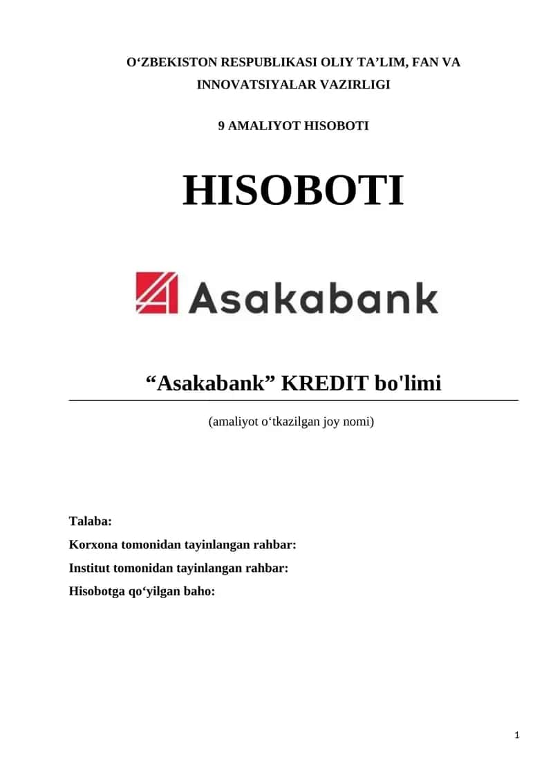 Bank kredit bo'limi amaliyot hisoboti