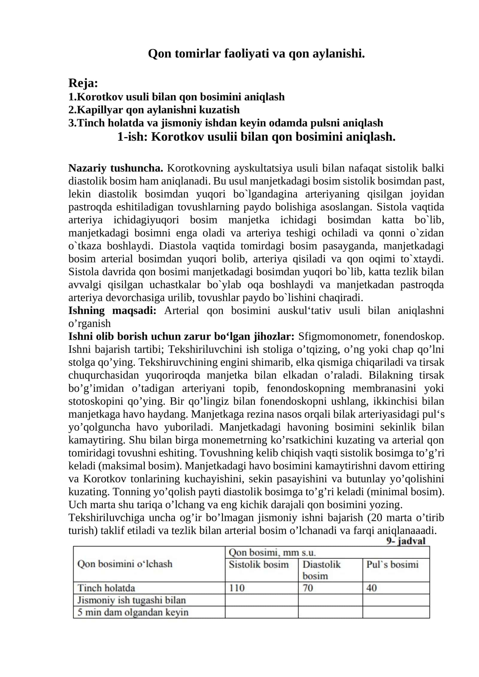 Qon tomirlar faoliyati va qon aylanishi