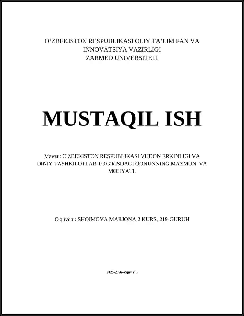 O'ZBEKISTON RESPUBLIKASI VIJDON ERKINLIGI VA DINIY TASHKILOTLAR TO'G'RISIDAGI QONUN