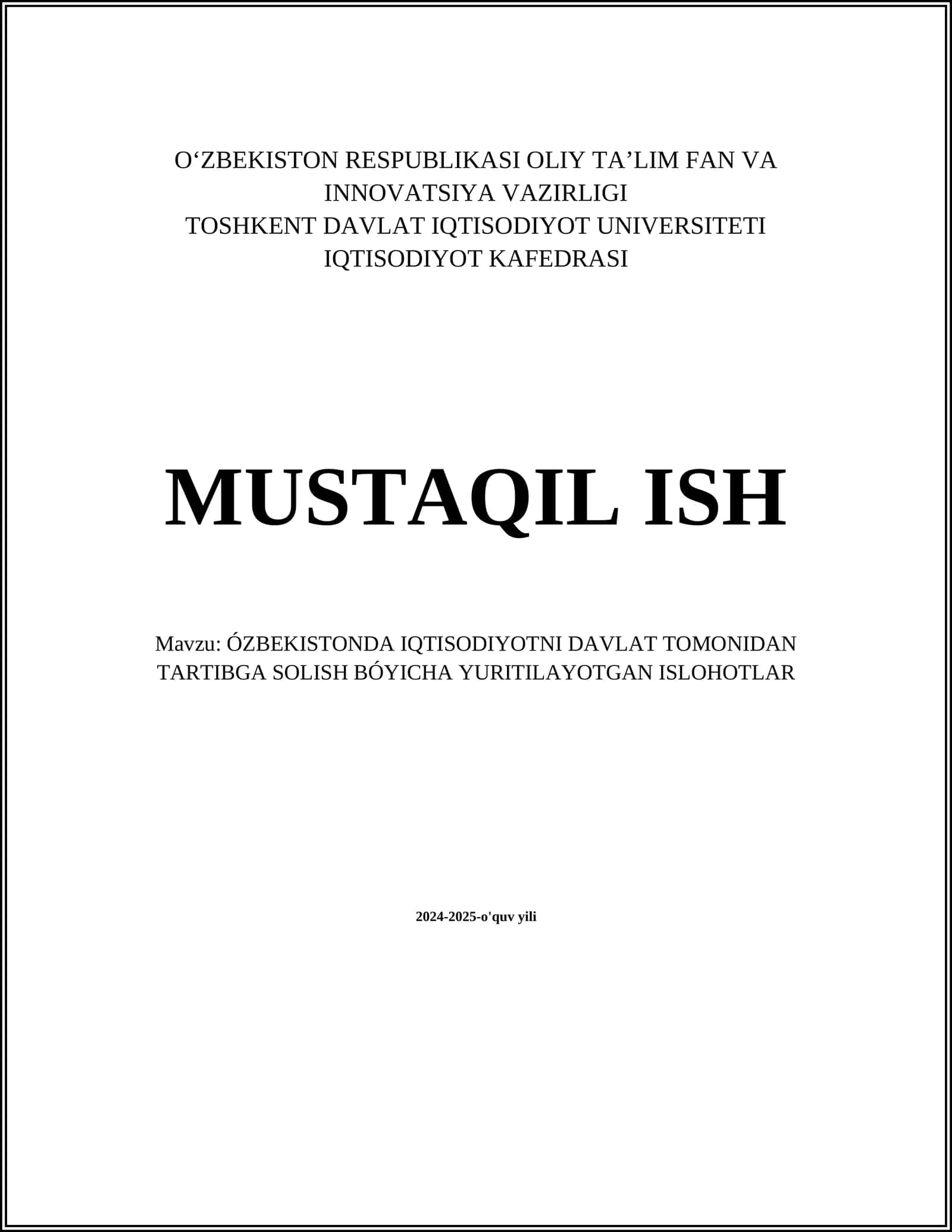 ÓZBEKISTONDA IQTISODIYOTNI DAVLAT TOMONIDAN TARTIBGA SOLISH BÓYICHA YURITILAYOTGAN ISLOHOTLAR