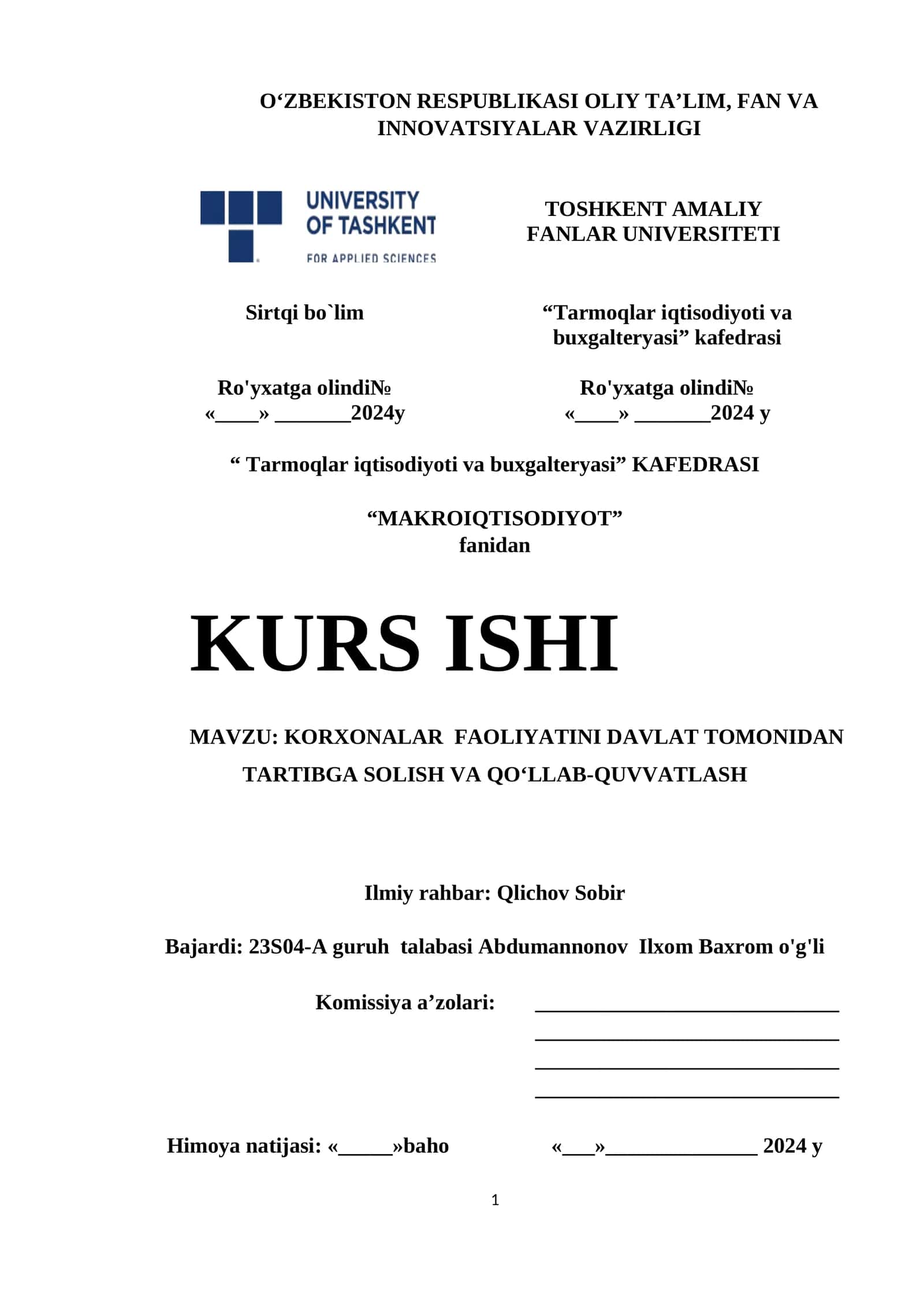 KORXONALAR FAOLIYATINI DAVLAT TOMONIDAN TARTIBGA SOLISH VA QOʻLLAB-QUVVATLASH