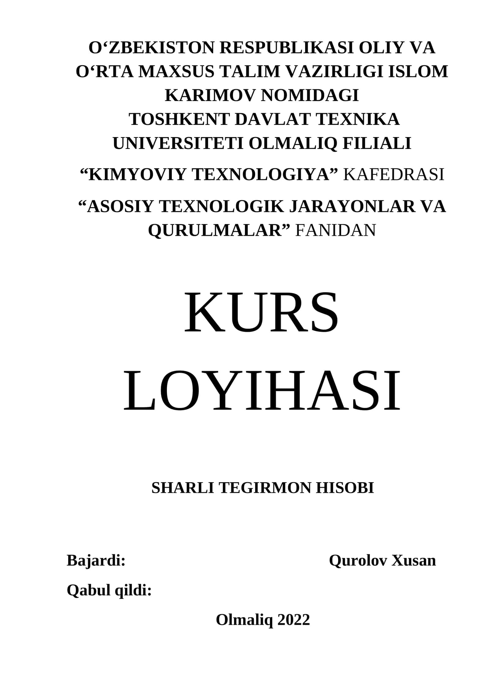 Sharli tegirmon hisobi