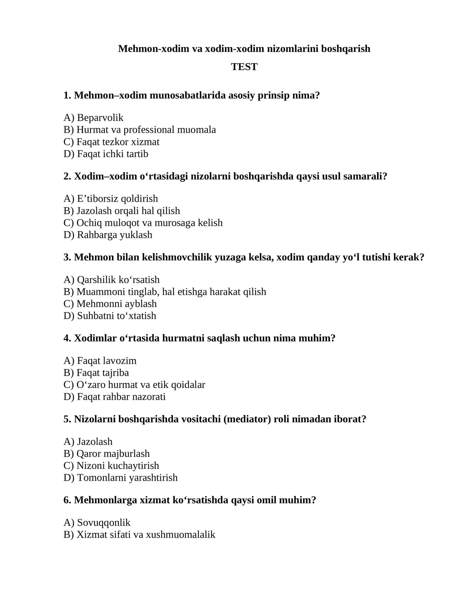 Mehmon-xodim va xodim-xodim nizomlarini boshqarish