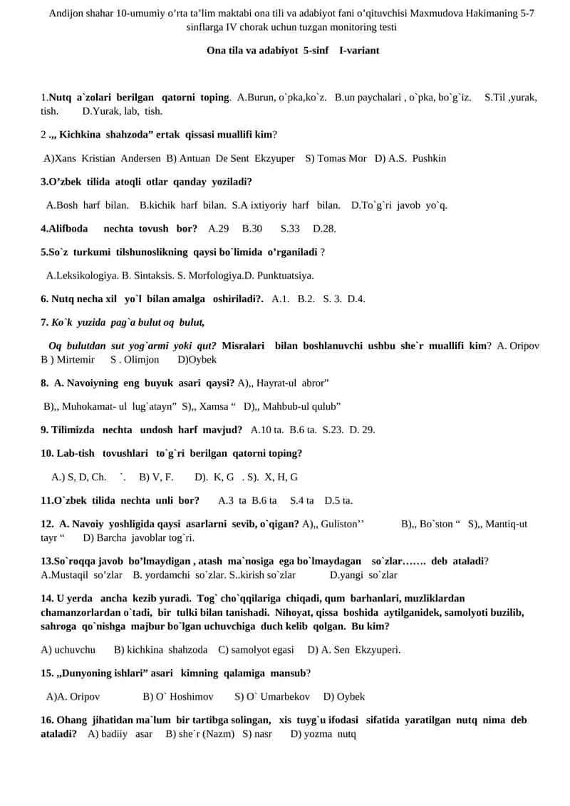 Ona tila va adabiyot 5-sinf I-variant