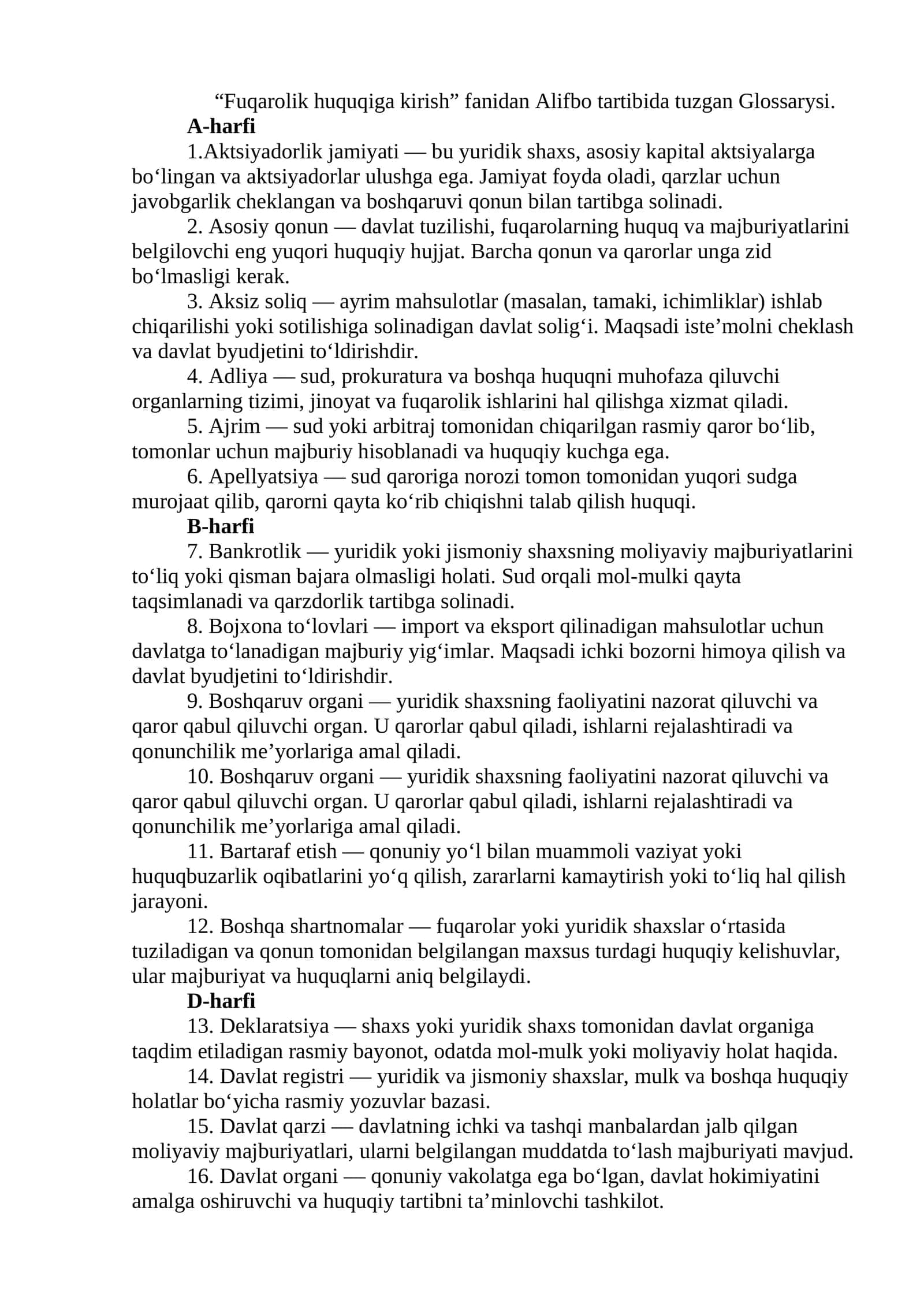 Fuqarolik huquqiga kirish fanidan Alifbo tartibida tuzgan Glossary