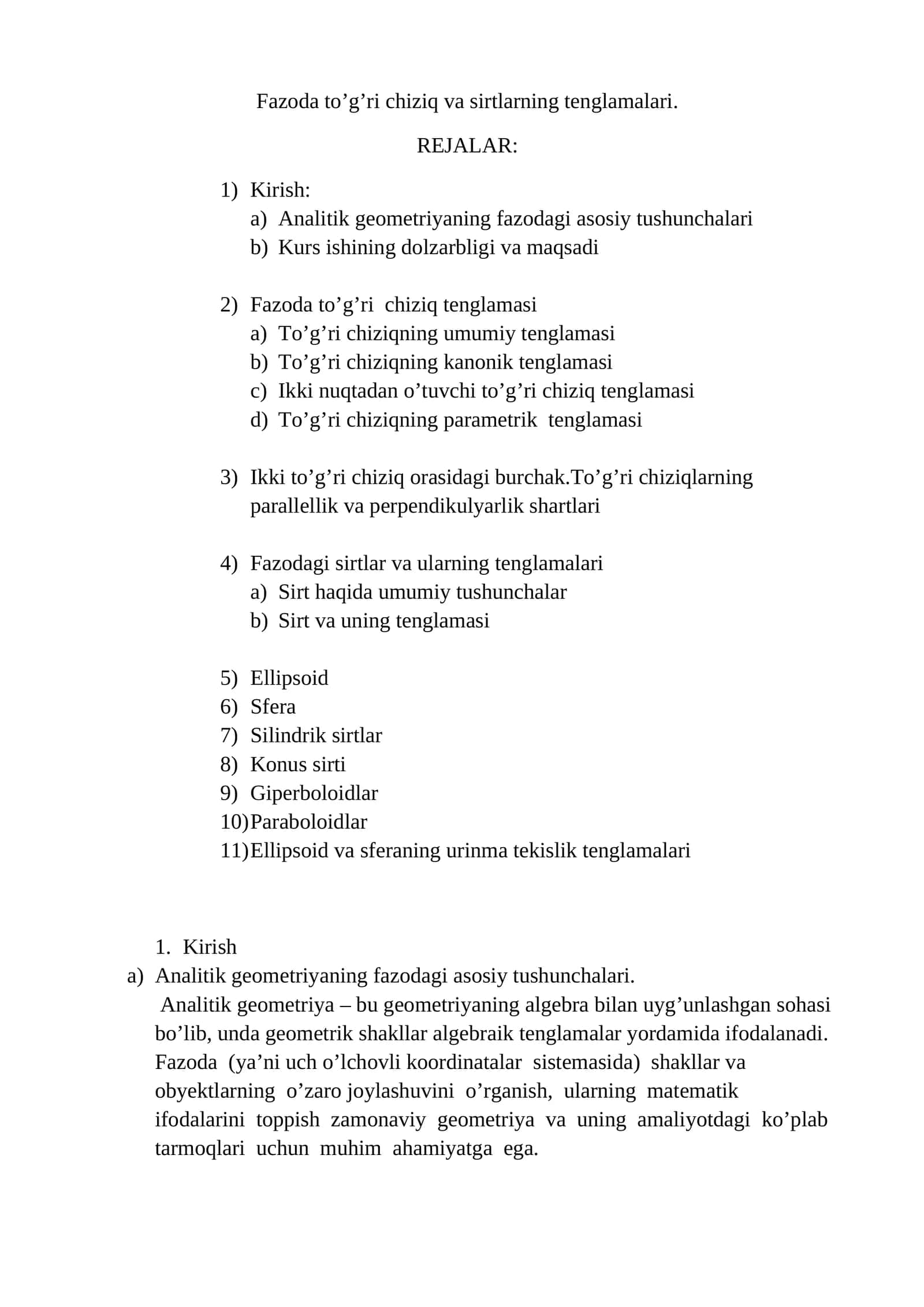 Fazoda to’g’ri chiziq va sirtlarning tenglamalari.