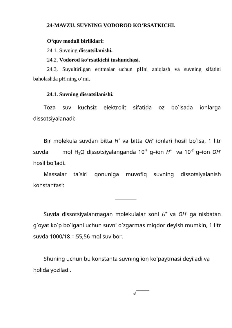 Suvning vodorod ko‘rsatkichi